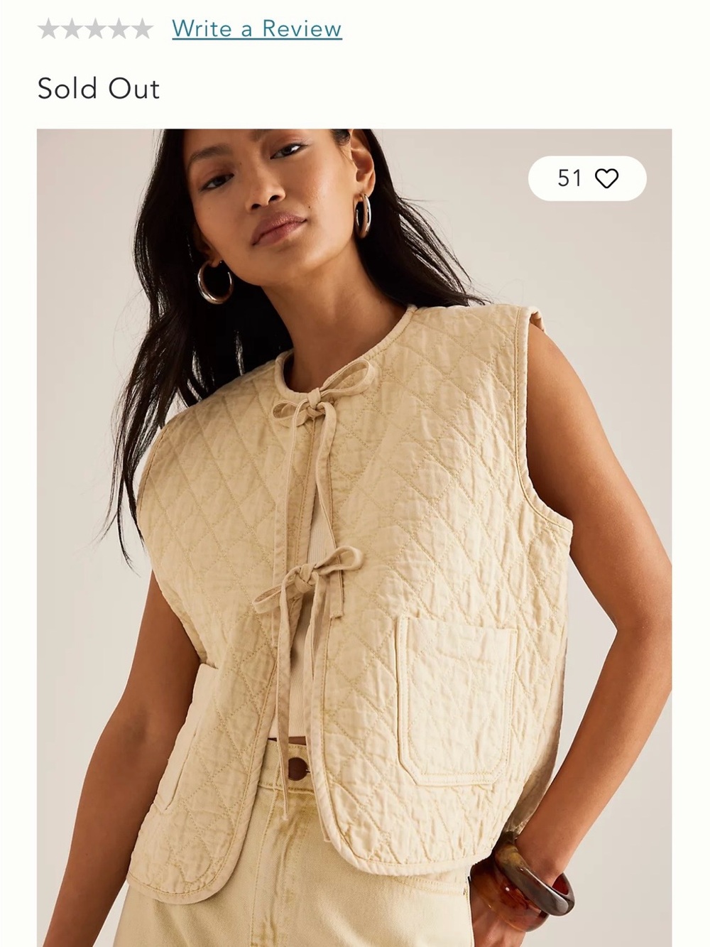 Seventy + Mochi Aria Quilted Tie-Front Vest Heart Patch Cream Size L
